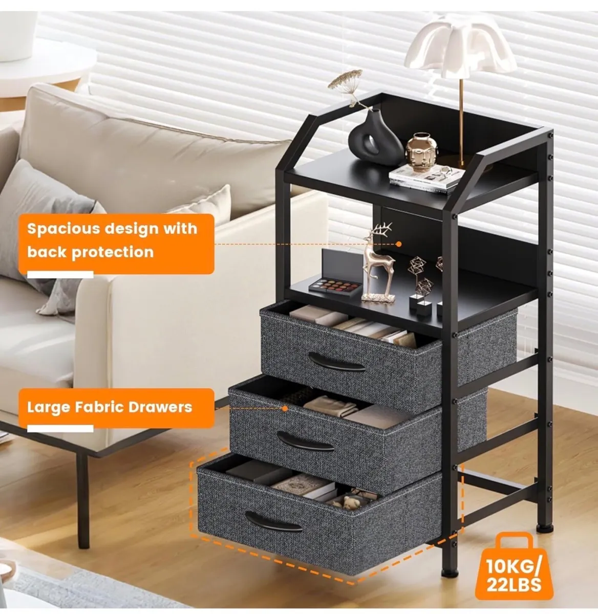 Bedside Table with 3 Fabric Drawers and Open Shelf - Image 3