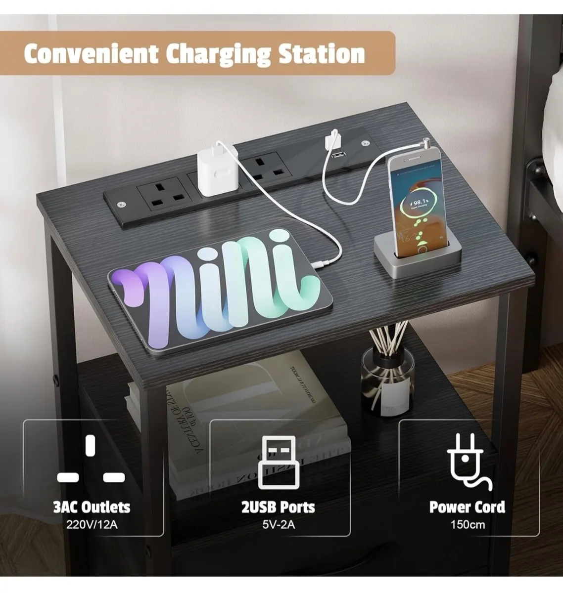 Set of 2 Bedside Table with Charging Station 40cm - Image 4