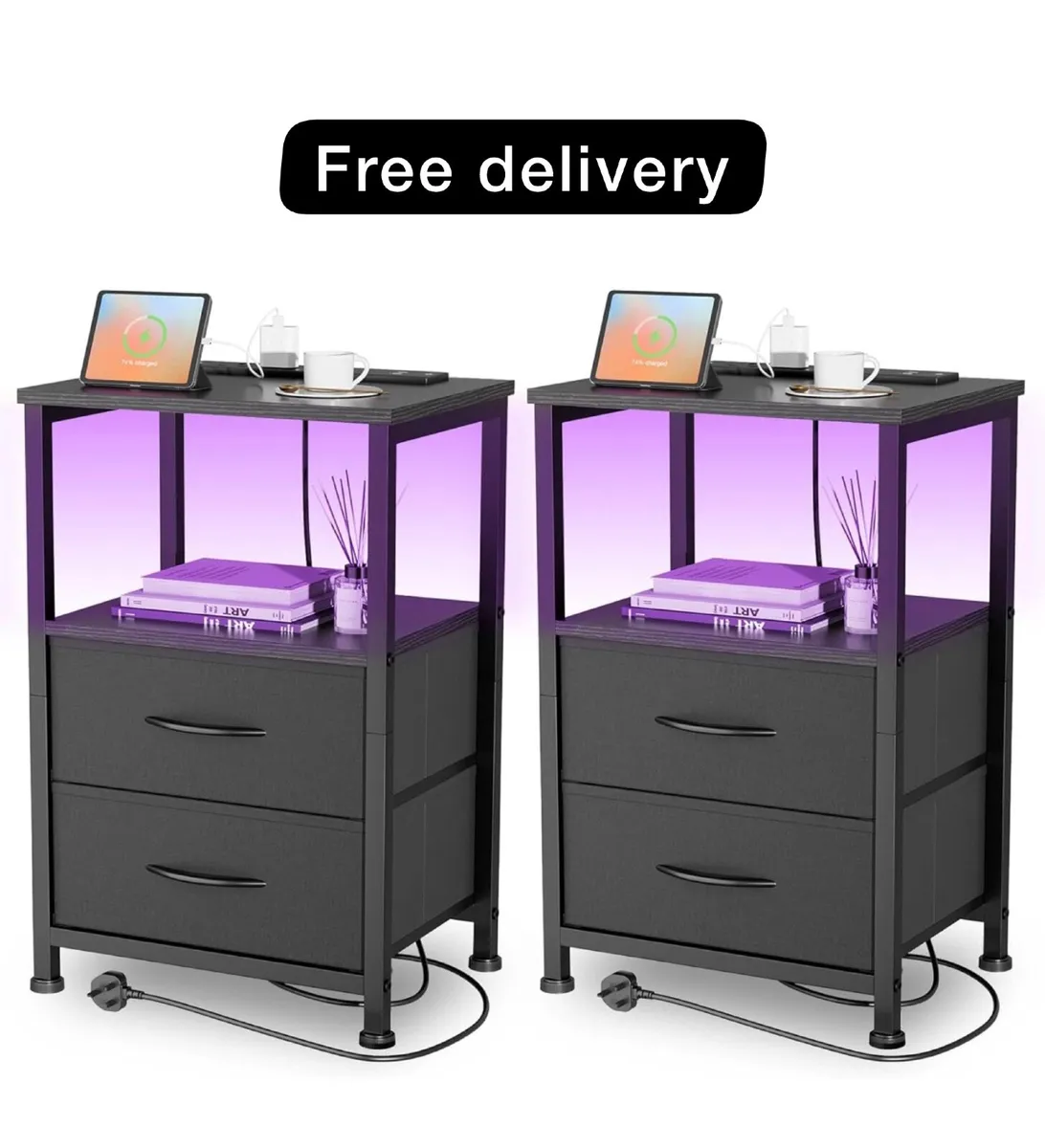 Set of 2 Bedside Table with Charging Station 40cm - Image 1