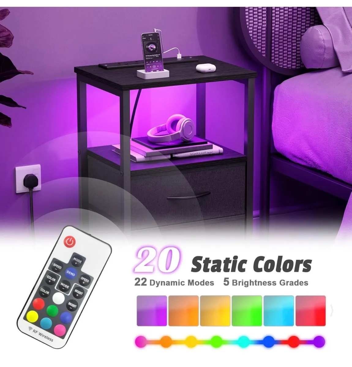 Set of 2 Bedside Table with Charging Station 40cm - Image 1