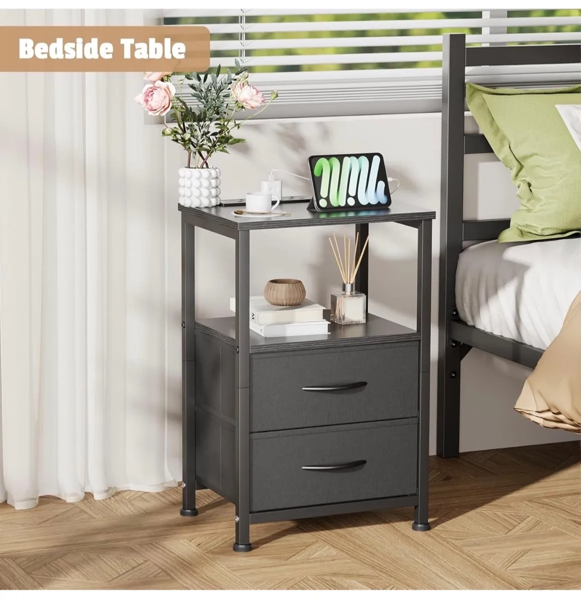 Set of 2 Bedside Table with Charging Station 40cm - Image 2
