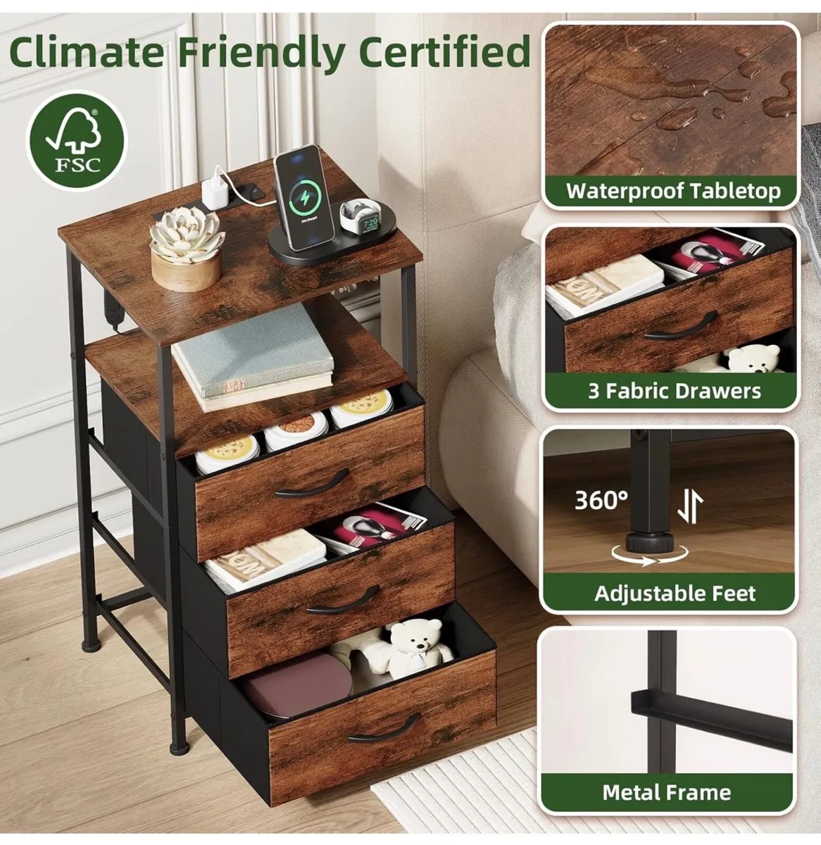 3 Drawers Chest of Drawers for Bedroom with Charg - Image 3