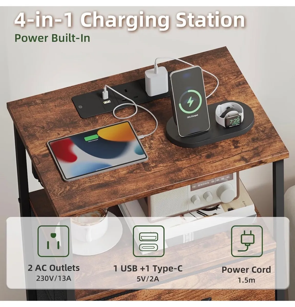 3 Drawers Chest of Drawers for Bedroom with Charg - Image 2