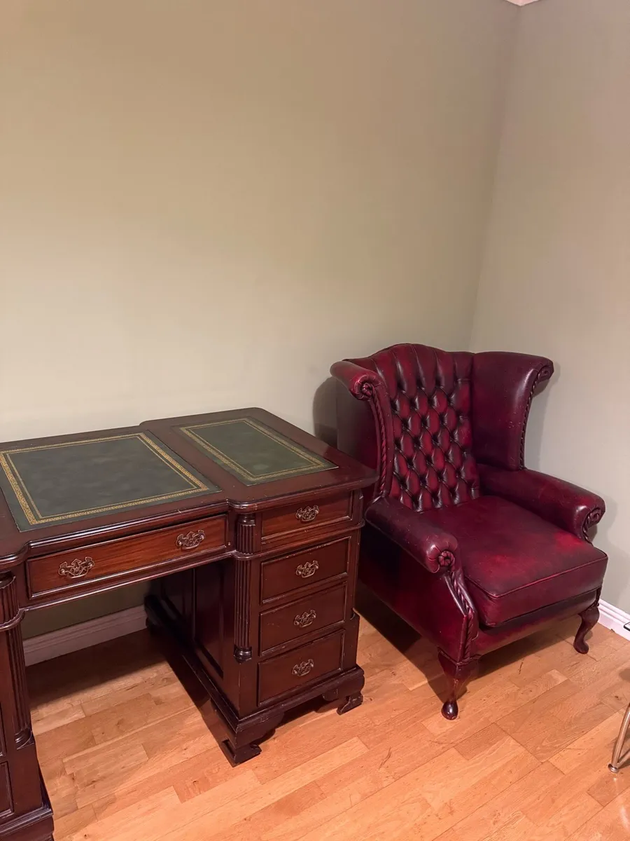 Antique Bankers desk , Oxblood Chesterfield chair - Image 1
