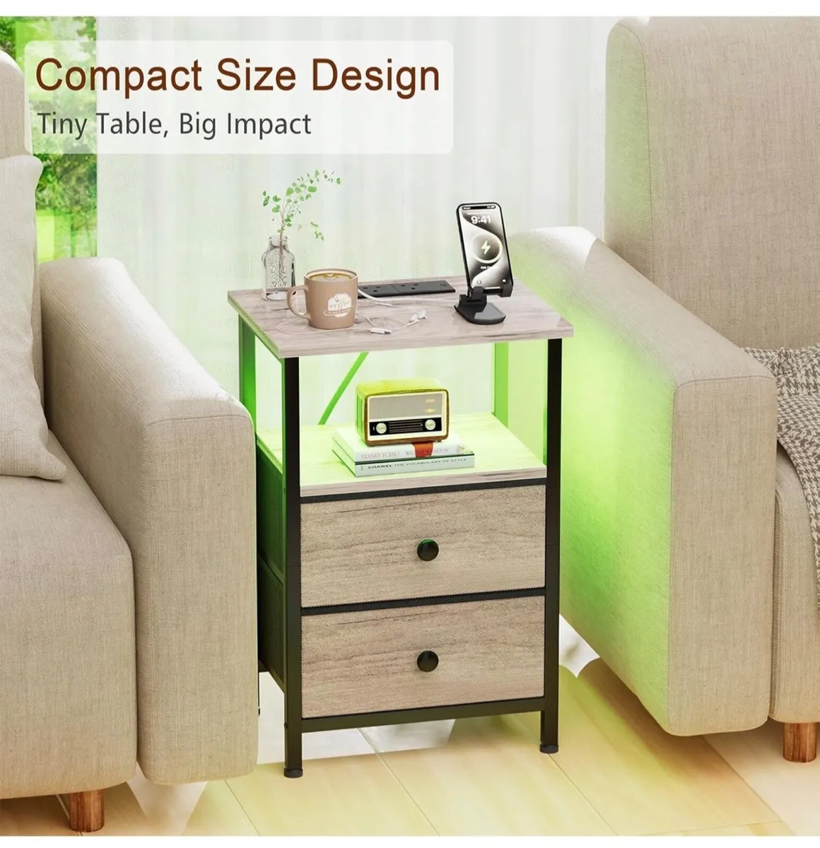 Bedside Table with LED Light, Small Side Table wit - Image 2