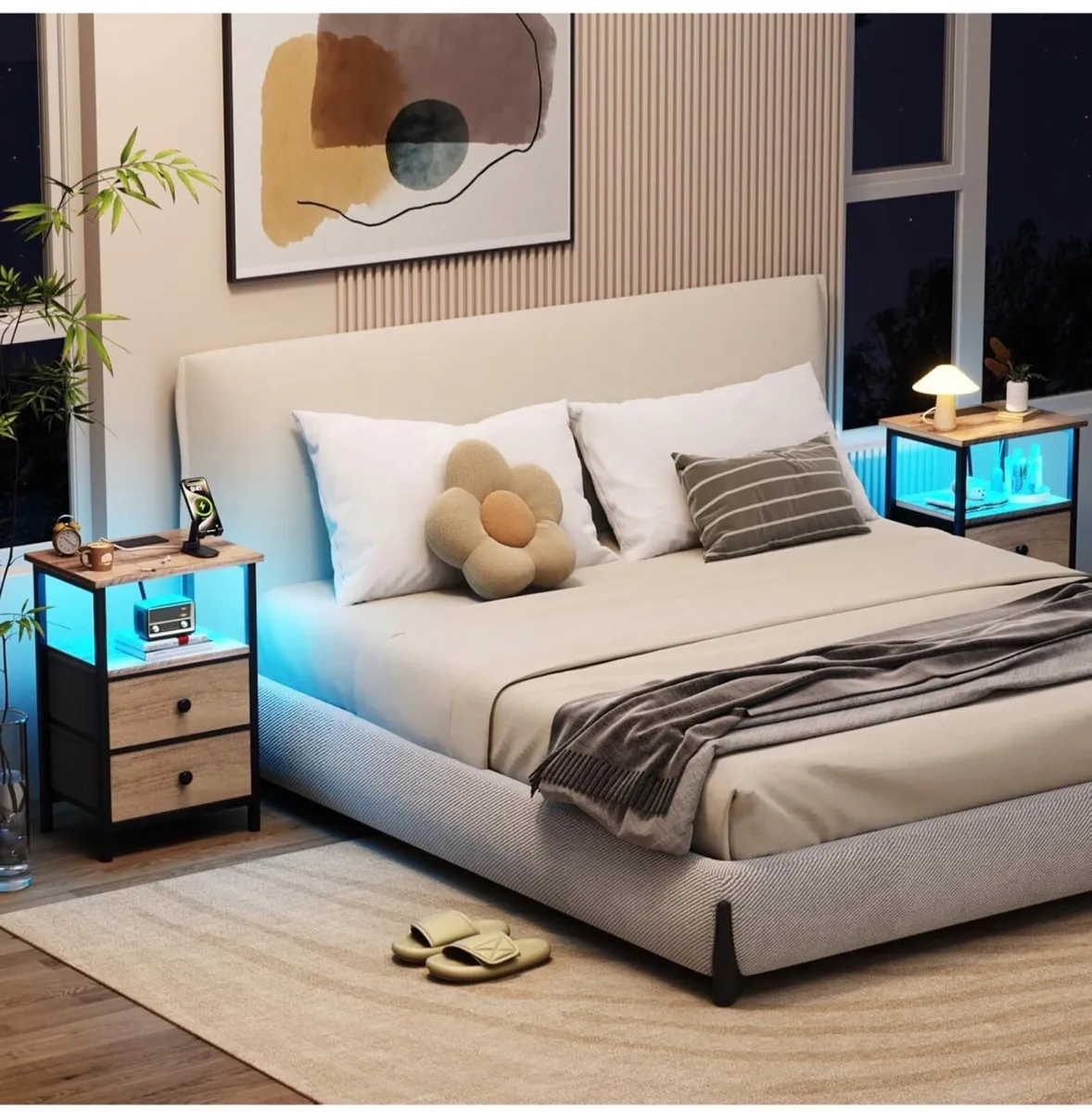 Bedside Table 2 LED Light, Small Side Table wit - Image 1