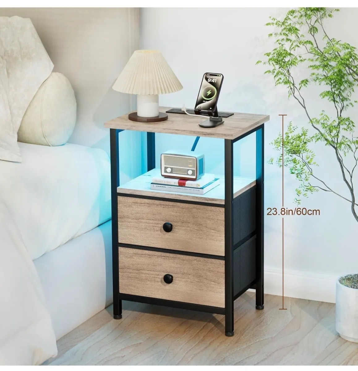 Bedside Table 2 LED Light, Small Side Table wit - Image 2