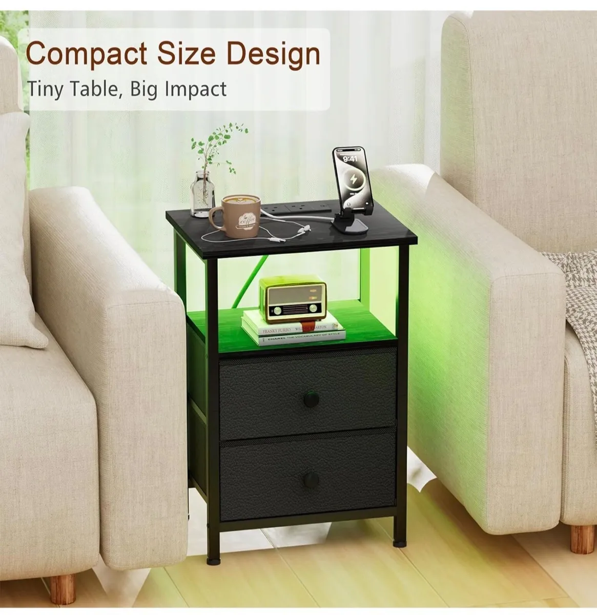 Bedside Table  2 LED Light, Small Side Table - Image 2