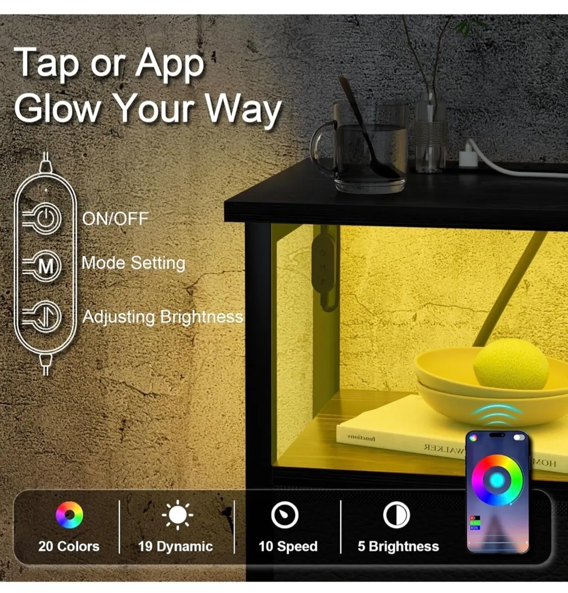 Bedside Table  2 LED Light, Small Side Table - Image 4