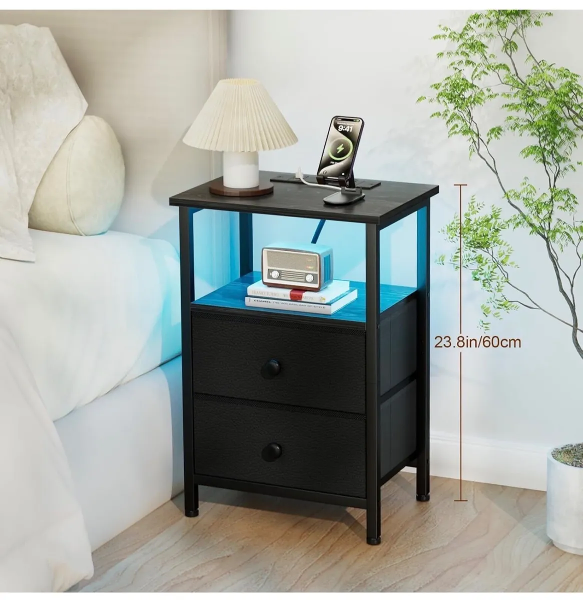 Bedside Table 2 LED Light, Small Side Table wit - Image 2