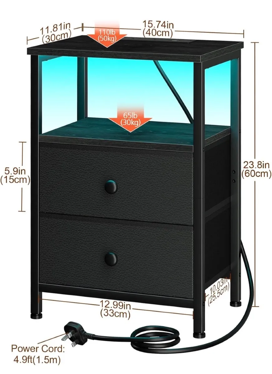 Bedside Table 2 LED Light, Small Side Table wit - Image 3