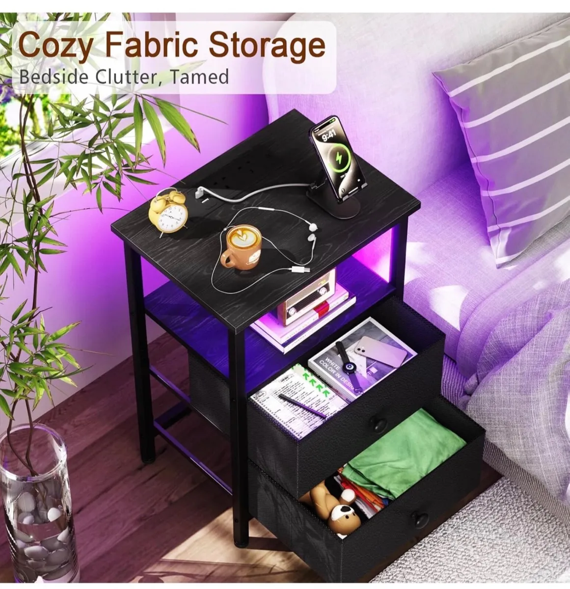 Bedside Table 2 LED Light, Small Side Table wit - Image 4