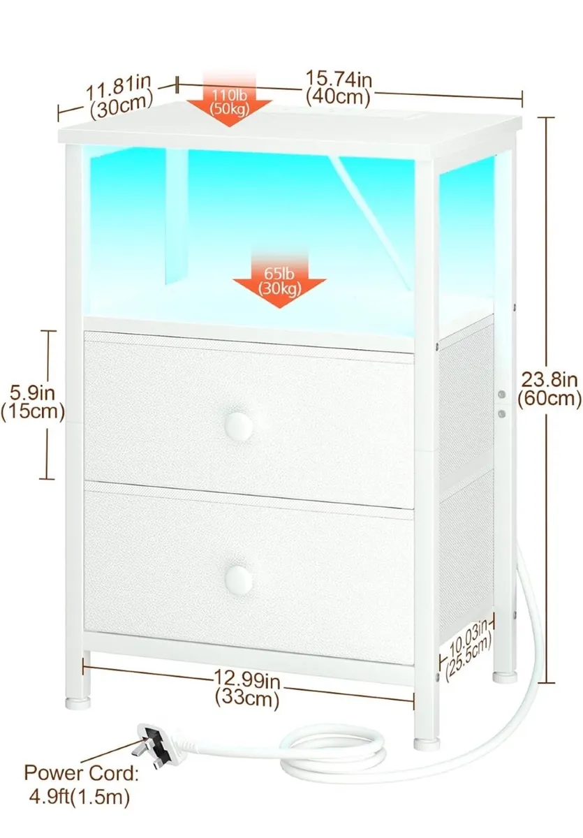 Bedside Table 2 with Charging Station, Side Table - Image 2