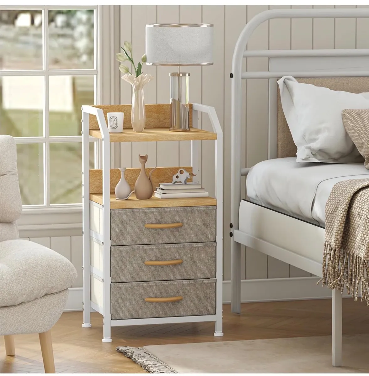 Bedside Table with 3 Fabric Drawers and Open Shelf - Image 2