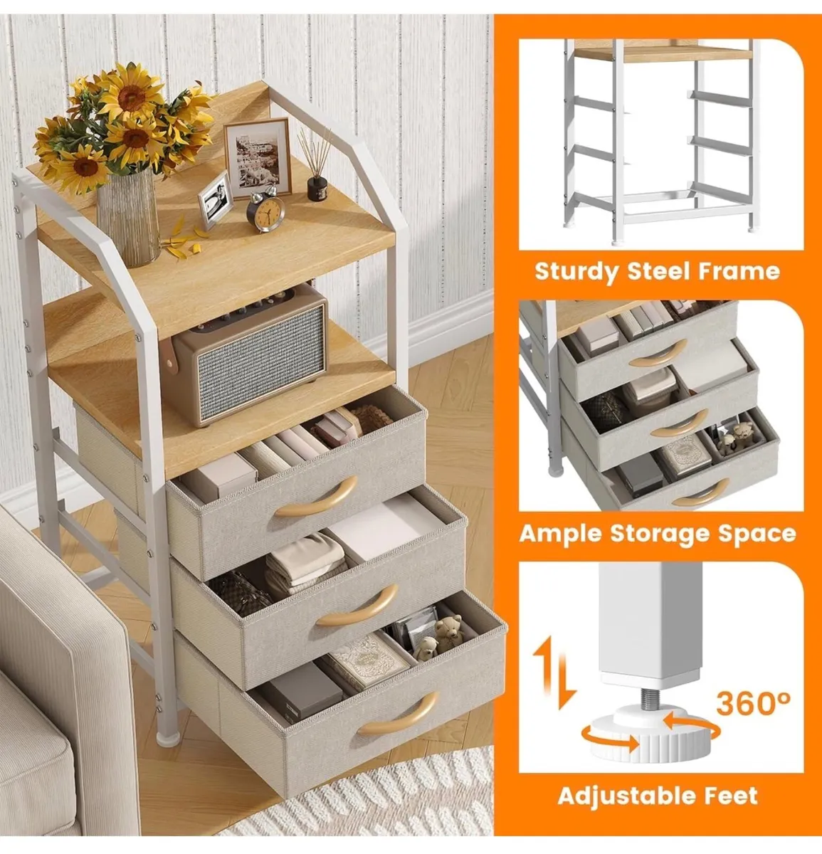 Bedside Table with 3 Fabric Drawers and Open Shelf - Image 4