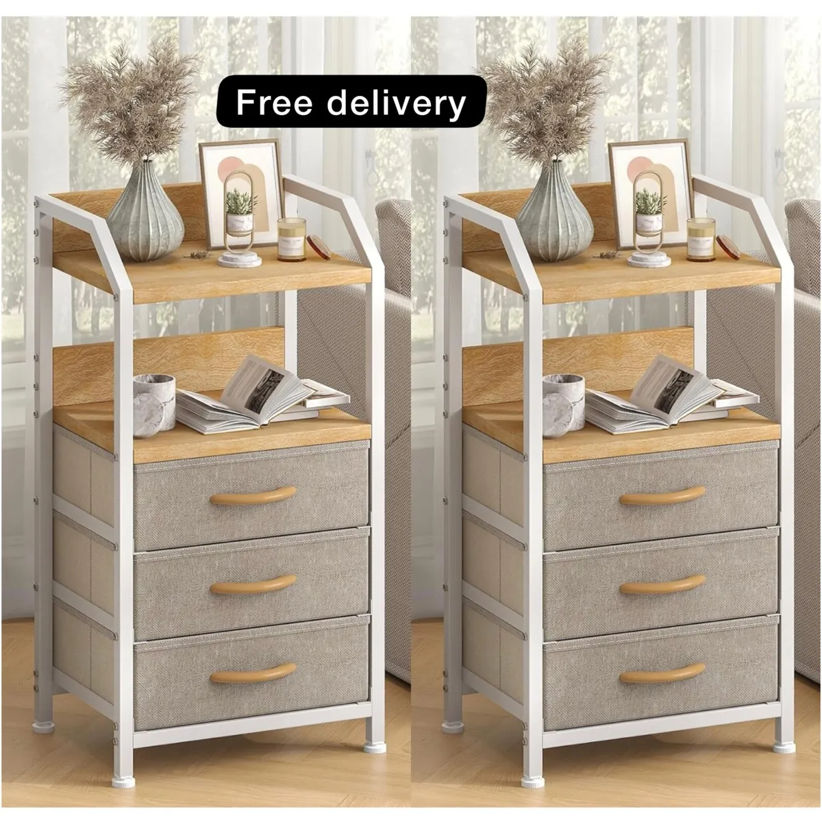 Bedside Table with 3 Fabric Drawers and Open Shelf - Image 1
