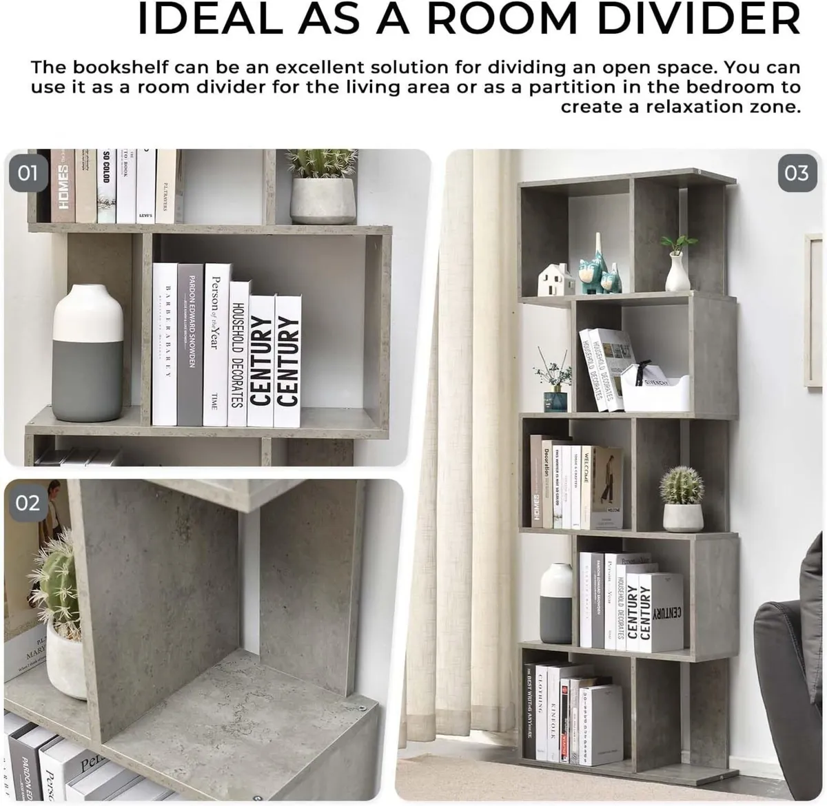 Modern Shelf Mdf Wooden Bookcase 6 Shelves Grey - Image 4