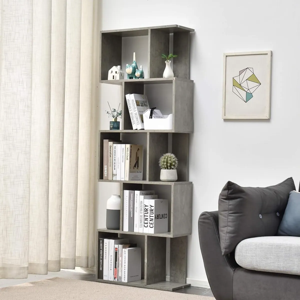 Modern Shelf Mdf Wooden Bookcase 6 Shelves Grey - Image 2