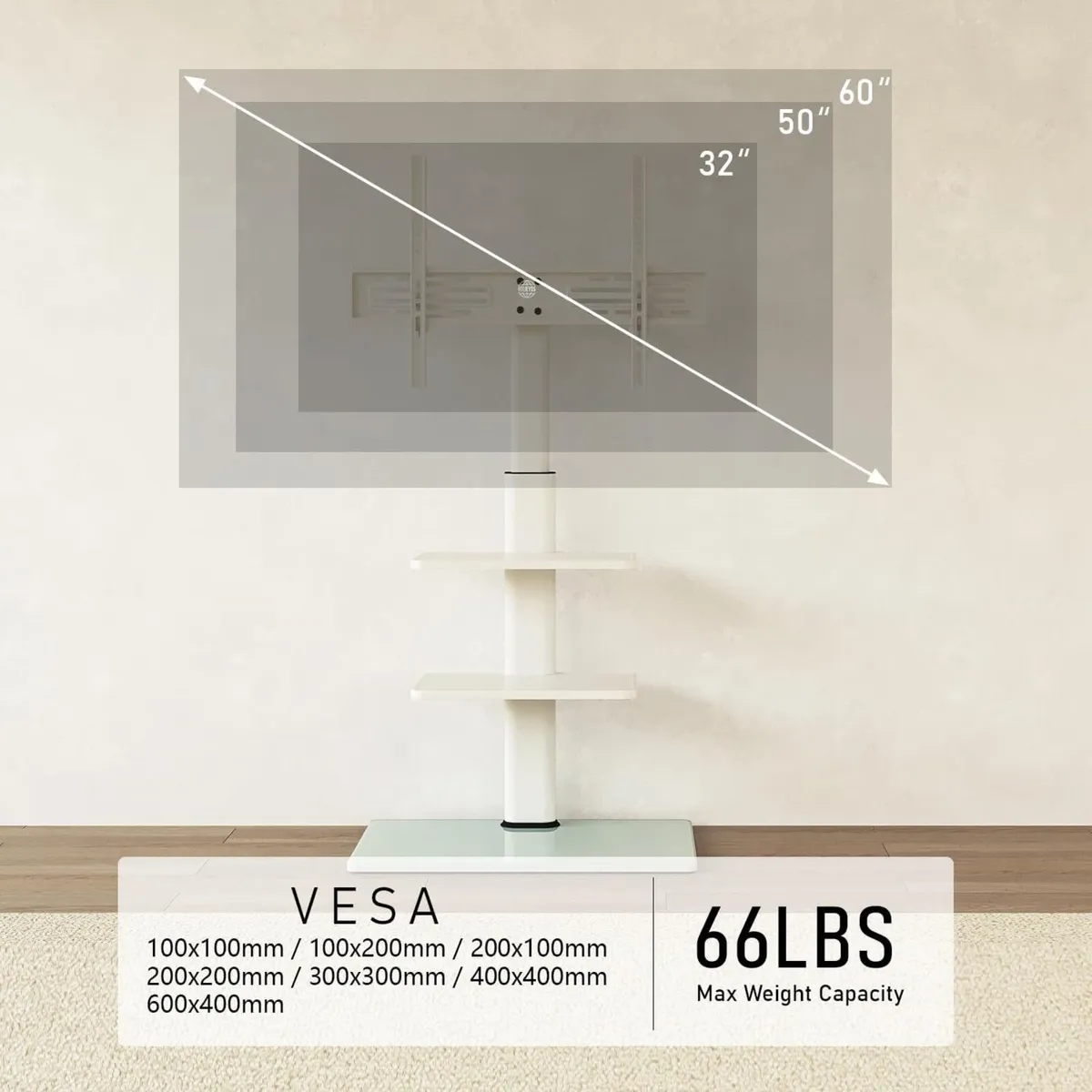 Universal TV Floor Stand White Corner for 32 to - Image 3