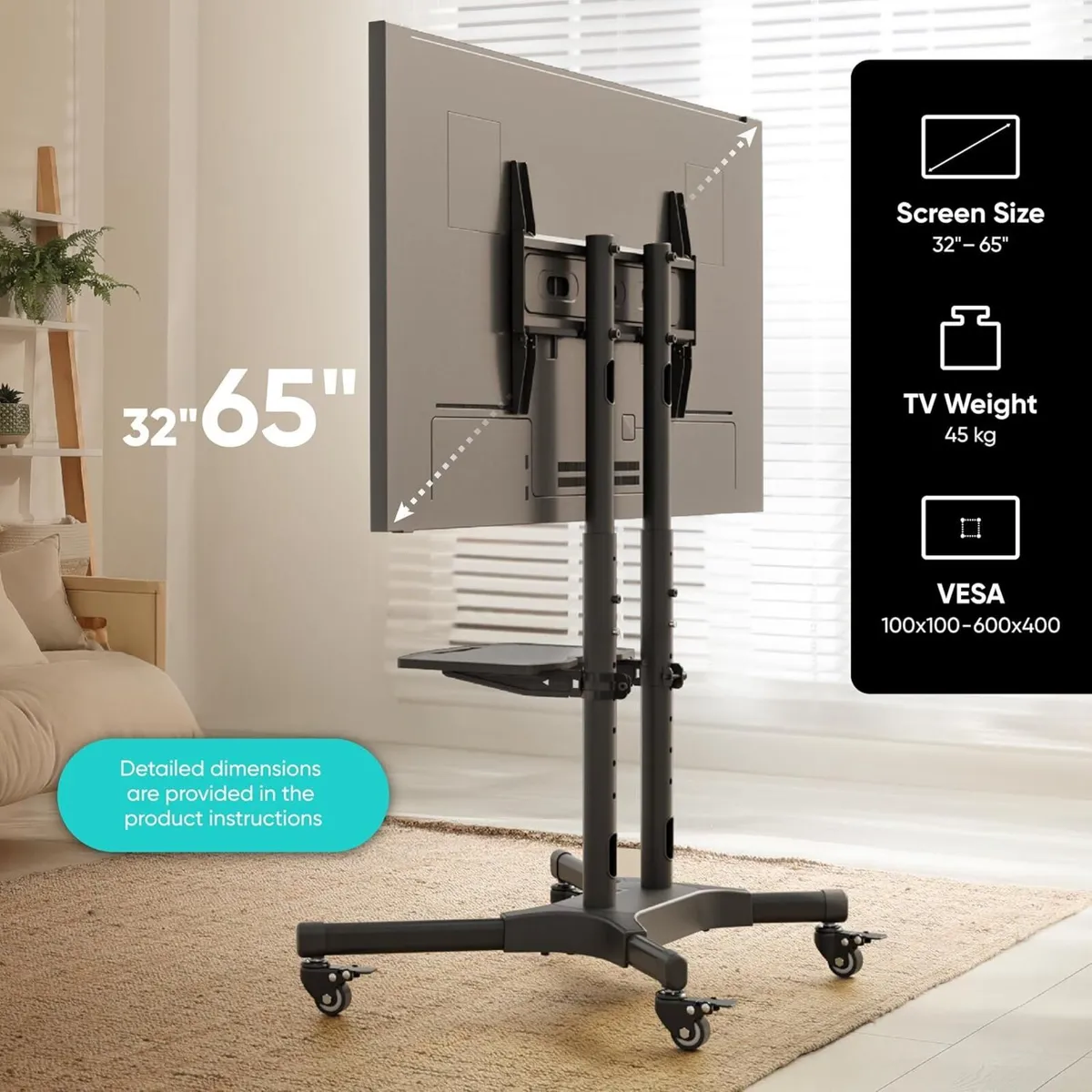 Mobile TV Stand on Wheels for 32-65 Inch Screen - Image 2