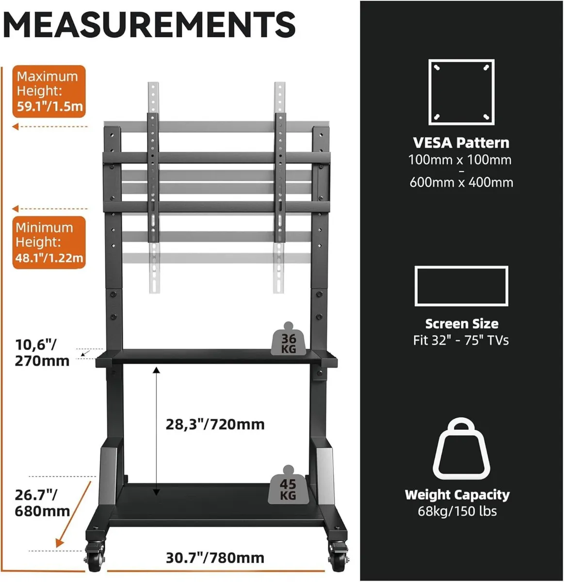 Rolling TV Stand Mobile on Wheels for 32-75 inch - Image 4
