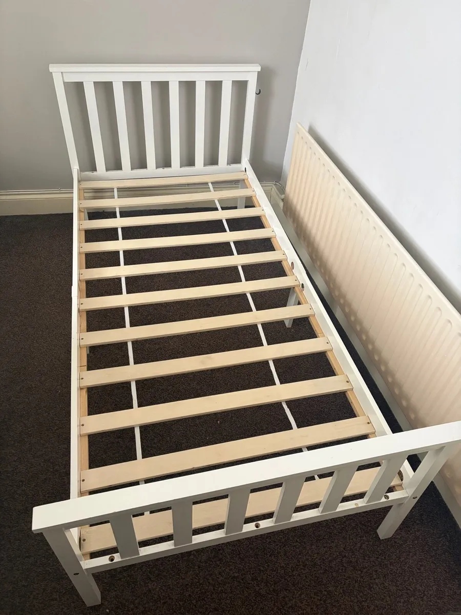 White single bed frame and mattress - Image 1
