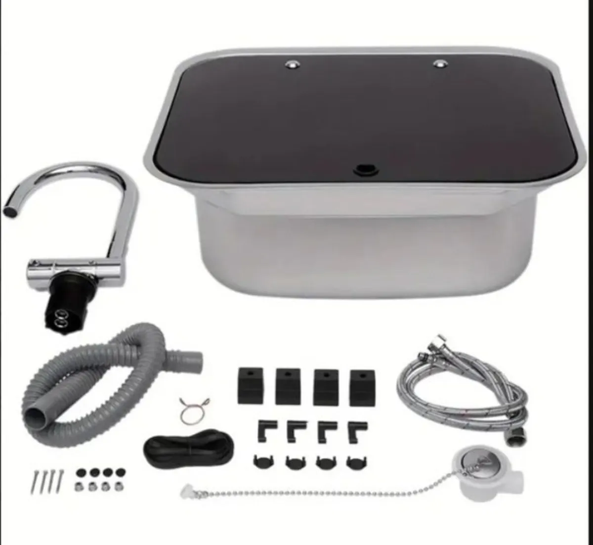 Campervan sink with glass lid and taps - Image 3