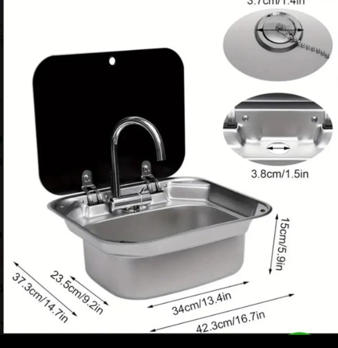 Campervan sink with glass lid and taps - Image 4