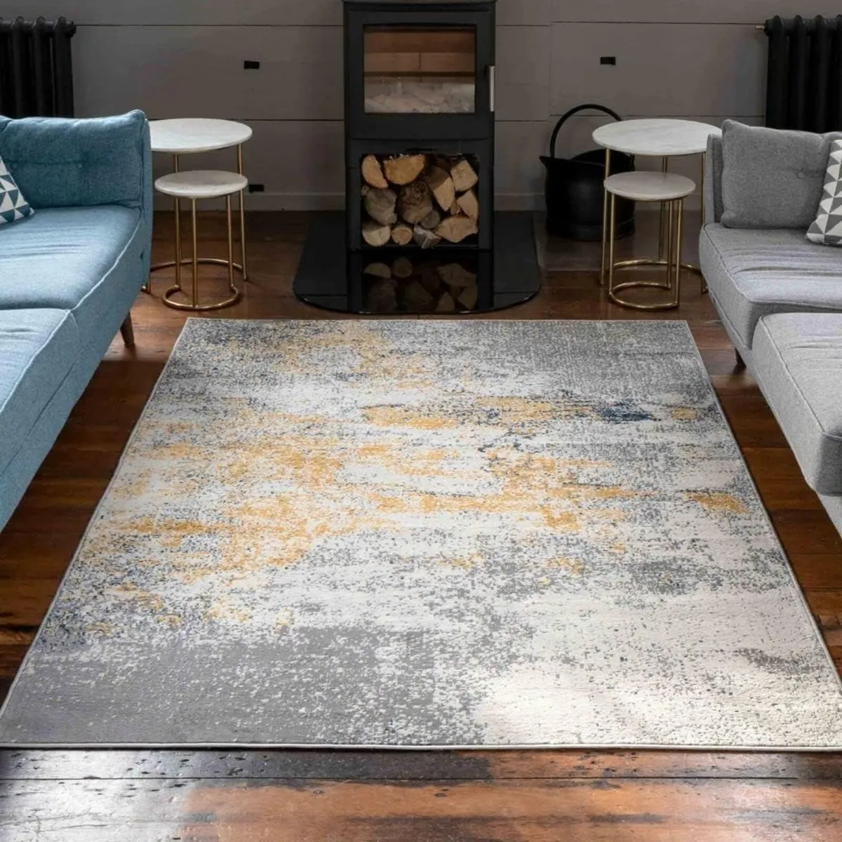 Abstract Painterly Navy Ochre Yellow Silver Grey - Image 1