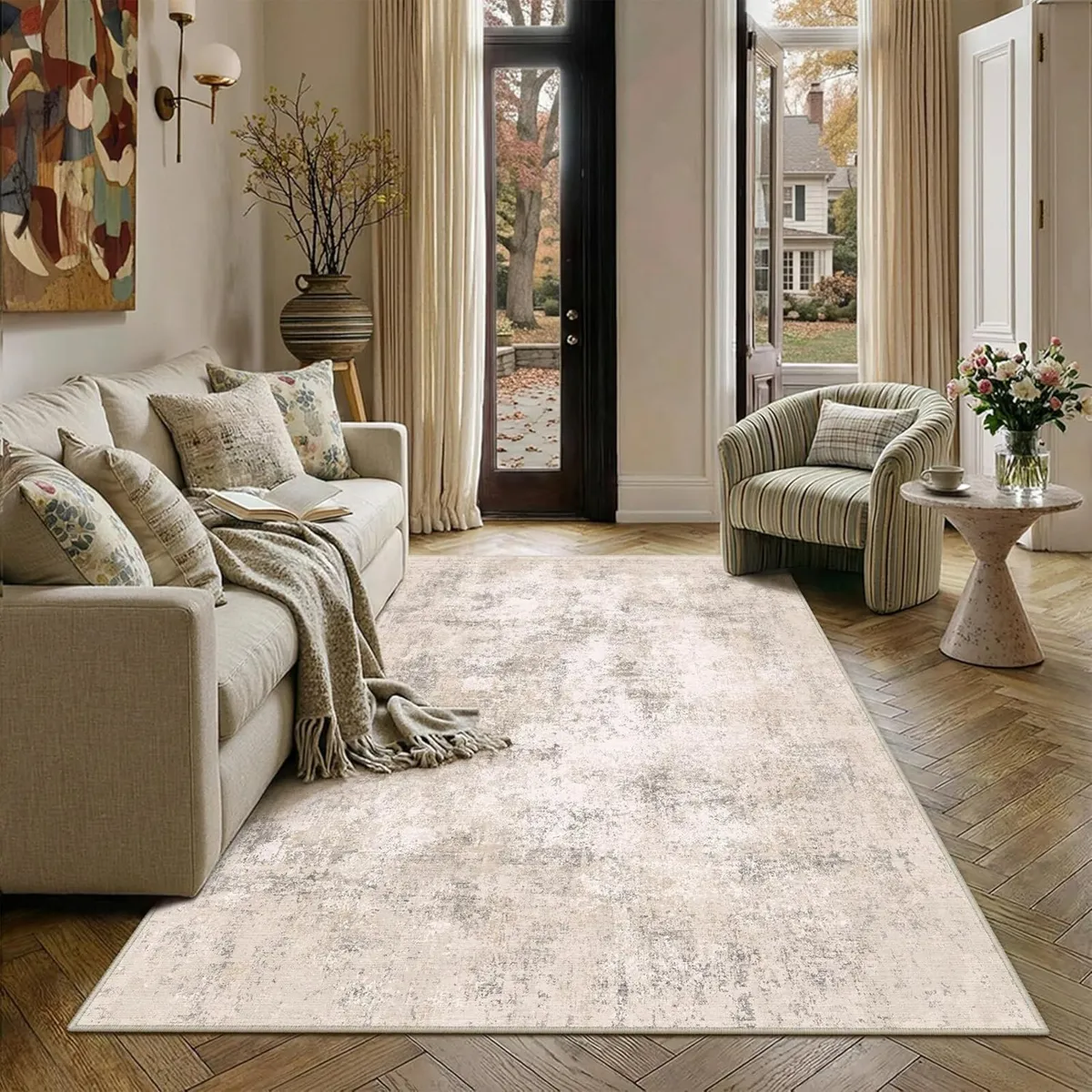 Beige Area Rug Modern Abstract Rugs Living Room - Image 1
