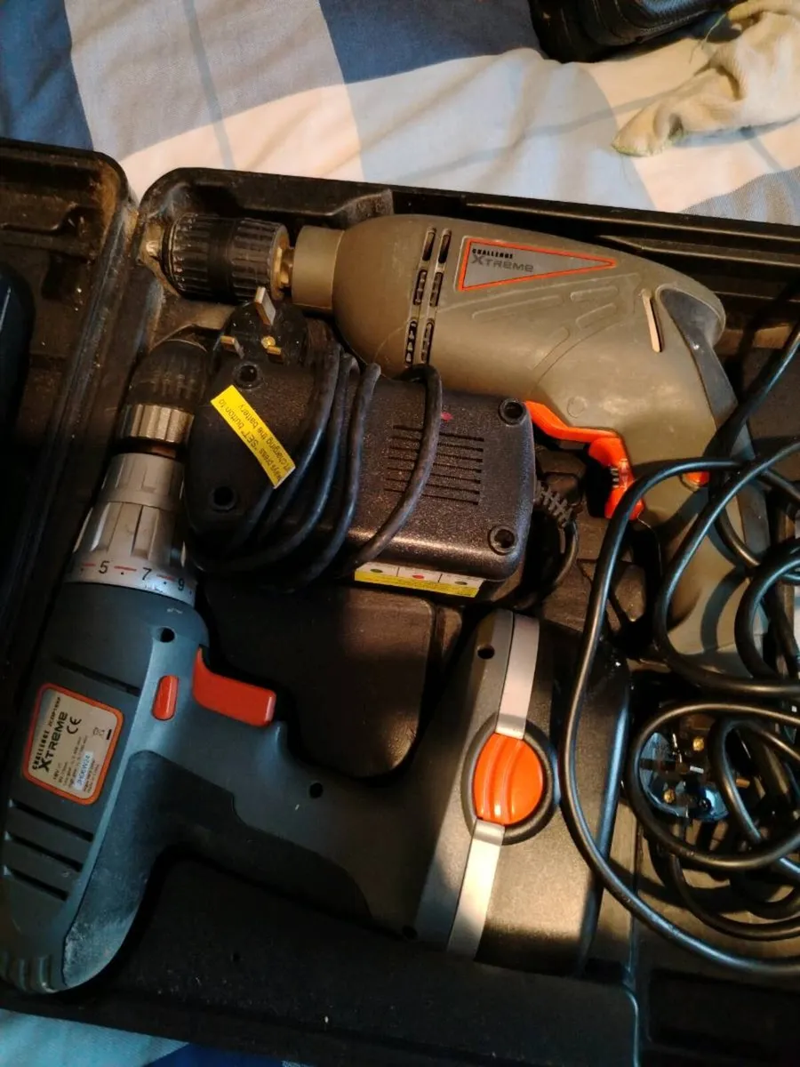 2 drills, jigsaw box of drills bits - Image 1