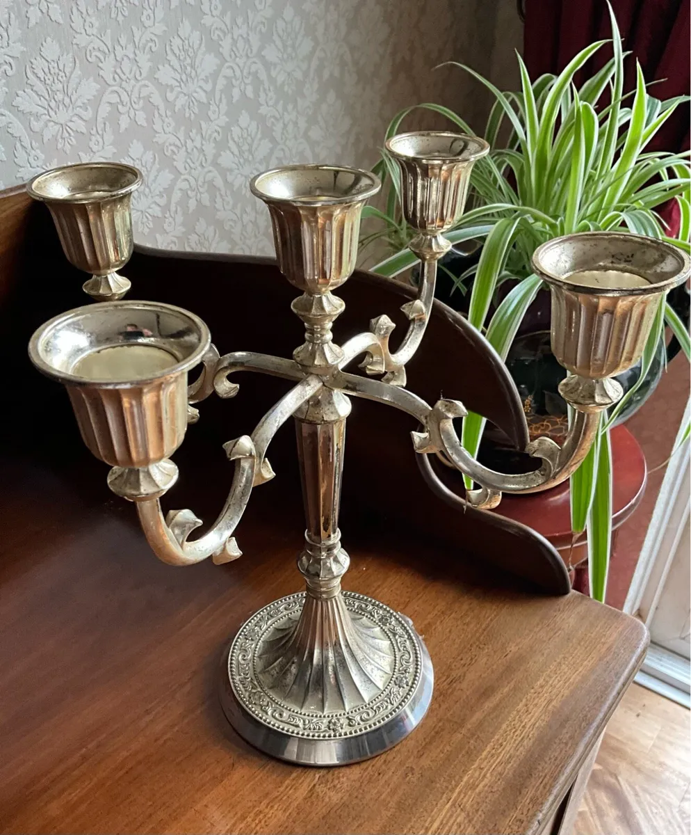 5 Branch Silver Plate Candelabra - Image 4