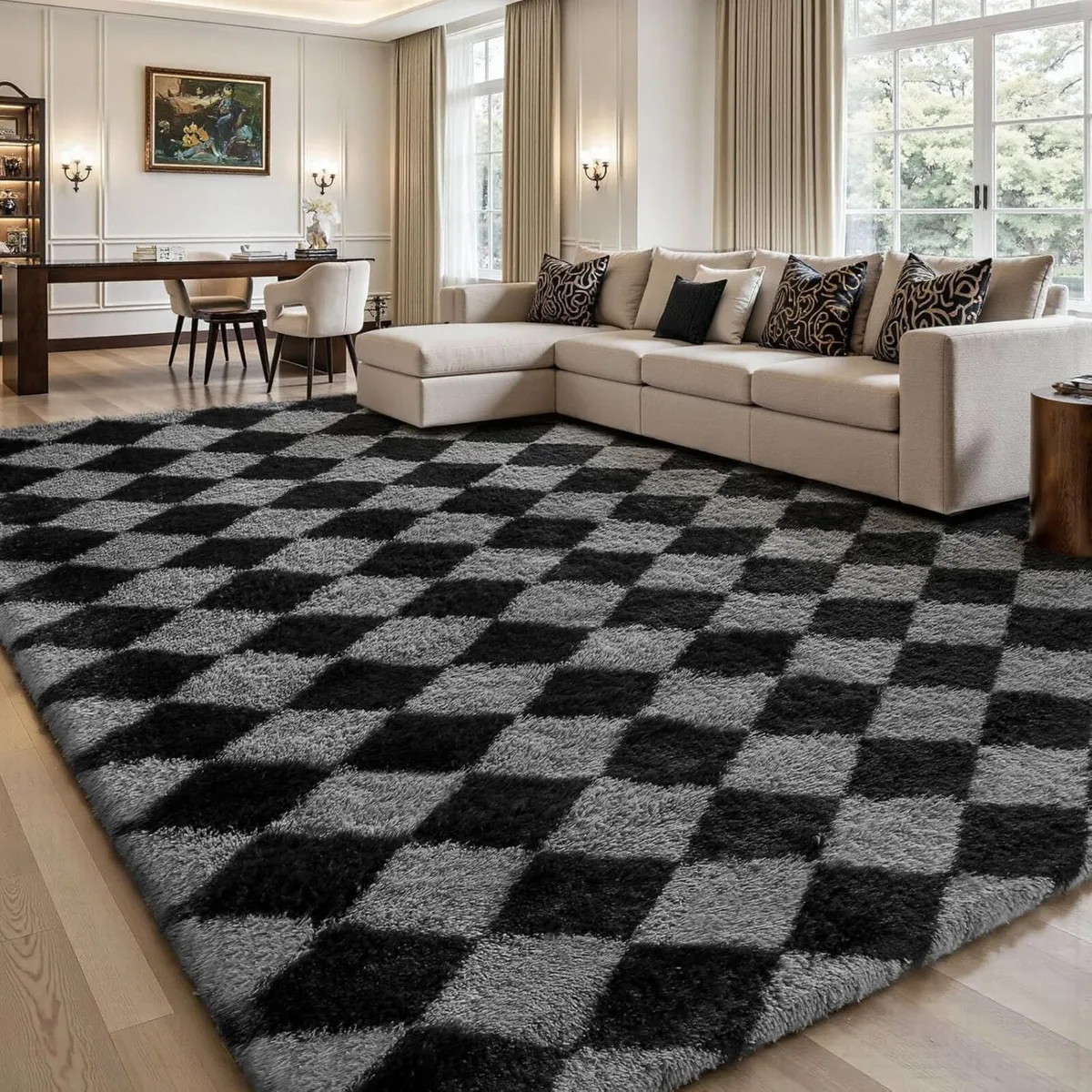 Checked High Pile Rug Living Room Rugs Non-Slip - Image 1