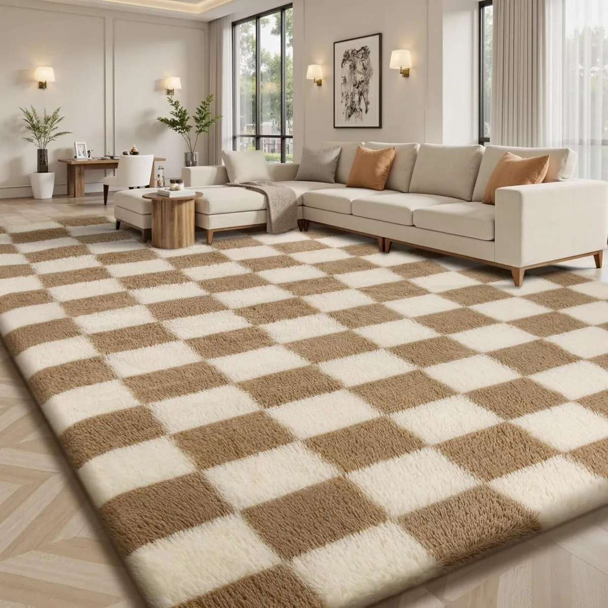 Rugs for Living Room Checked Rug Bedroom Washable - Image 1