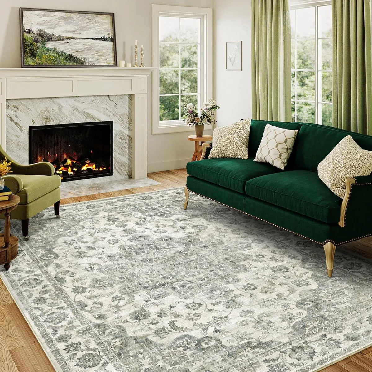 Vintage Rugs Living Room Green Large Area Rug - Image 3