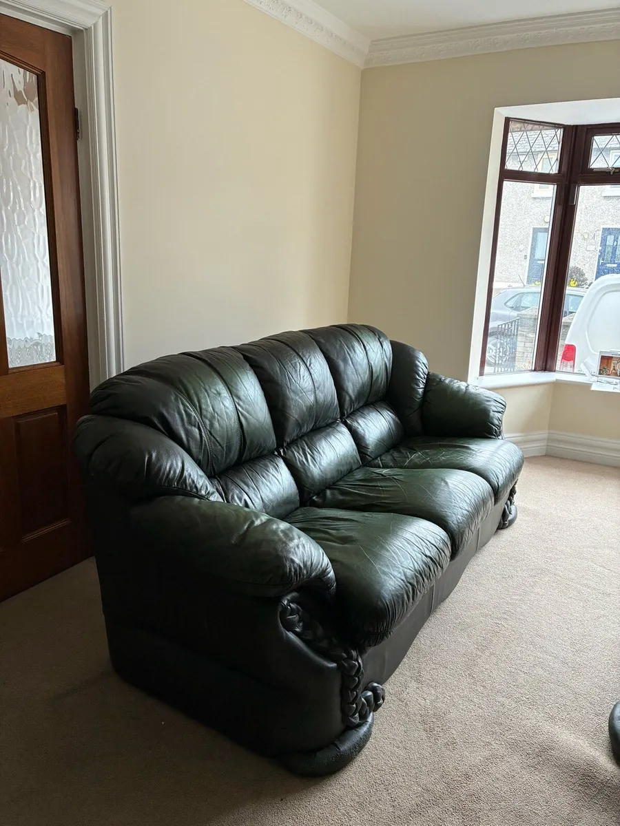 Green three seater and armchair - Image 1