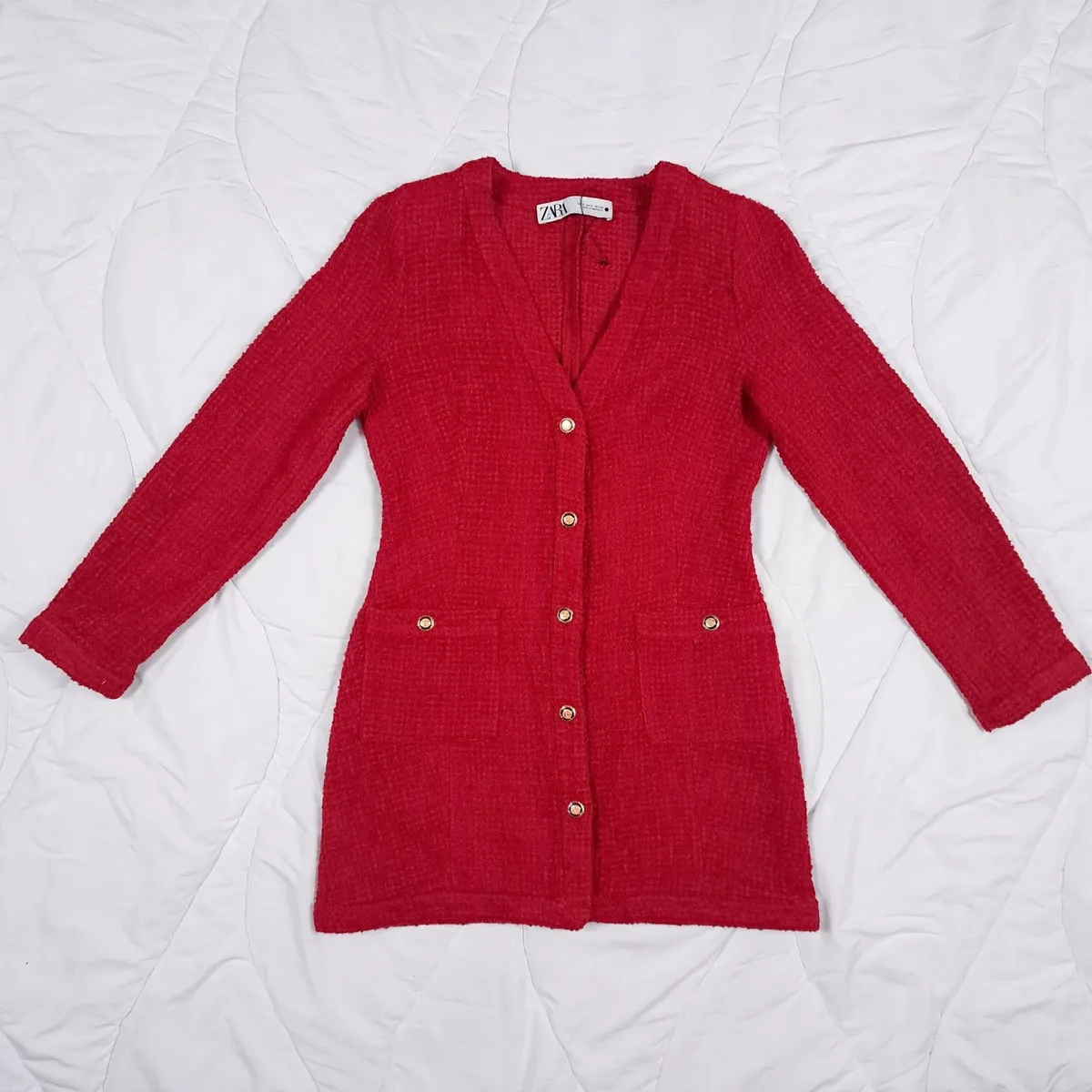 Zara Red Textured Gold Button Knit Dress S - Image 4