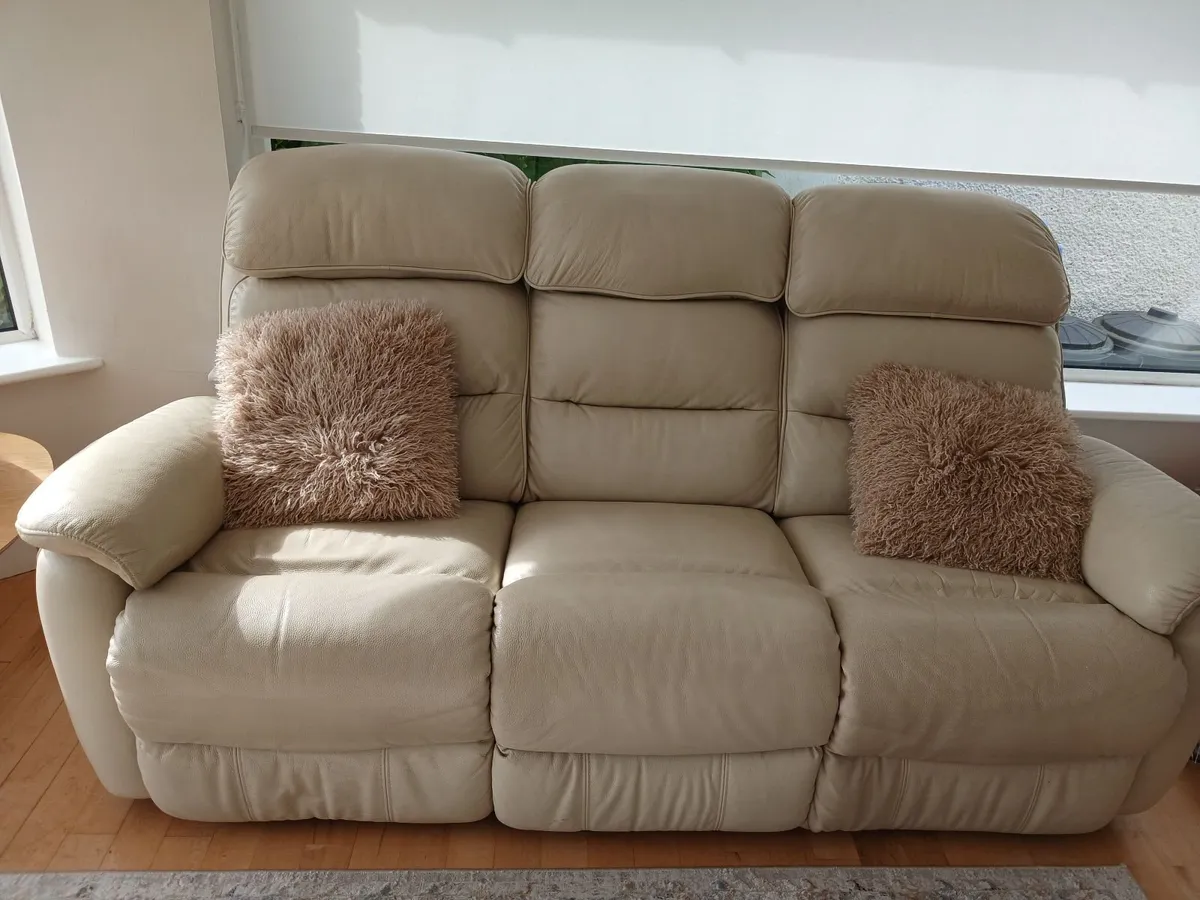 3 seater cream italian leather reclining sofa