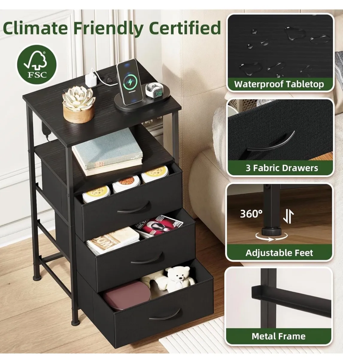 3 Drawers Chest of Drawers for Bedroom with Charg - Image 3