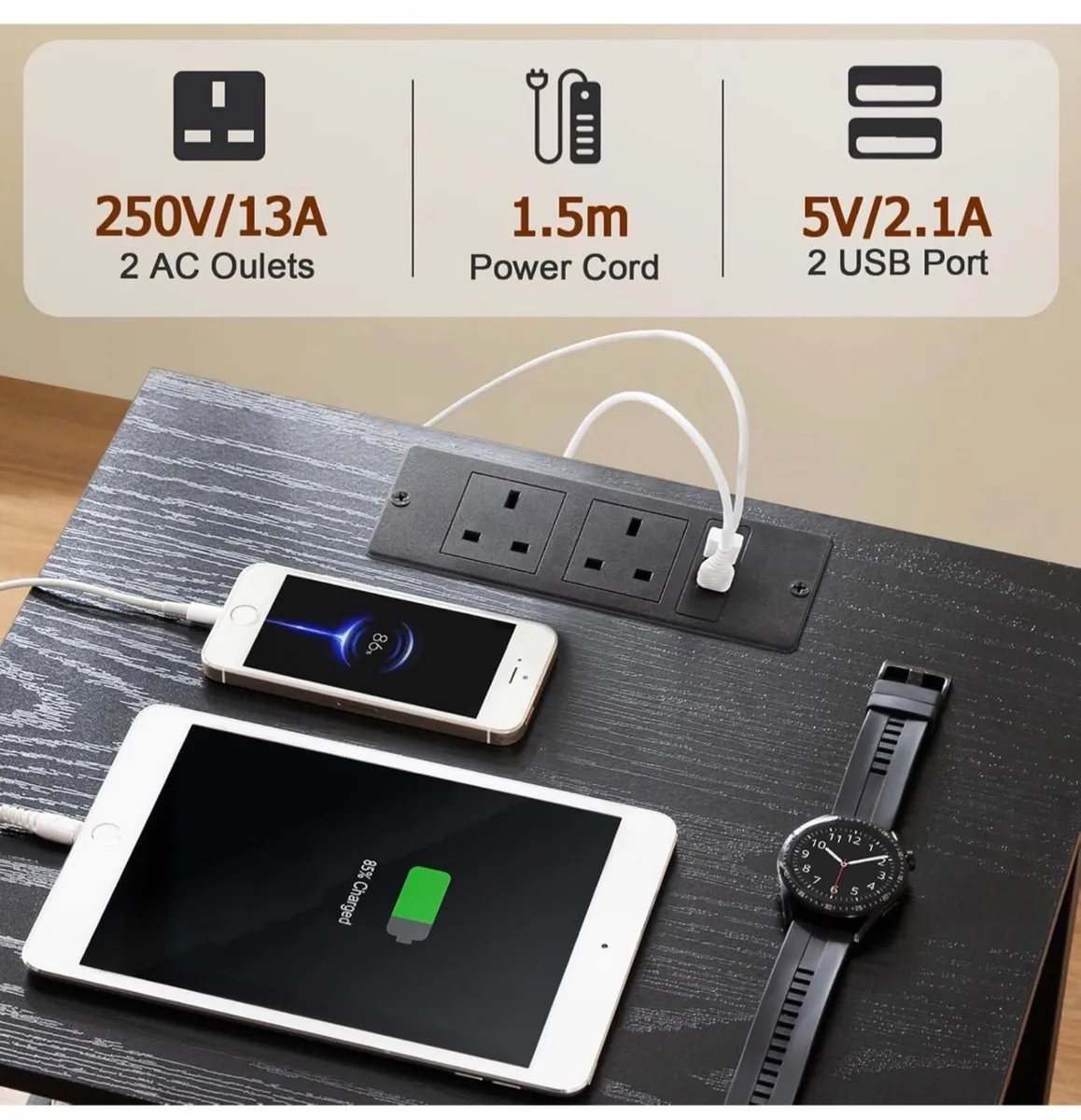 Bedside Table Set of 2 with Charging Station, Side - Image 2