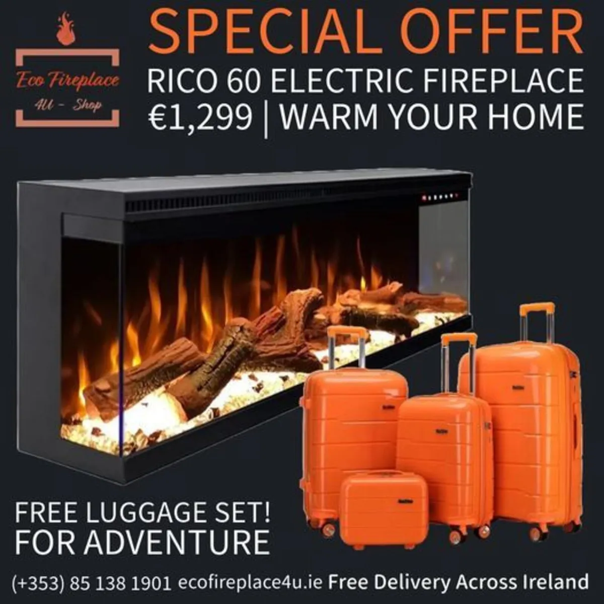 60" 3 sides electric fireplace + set of suitcses - Image 1