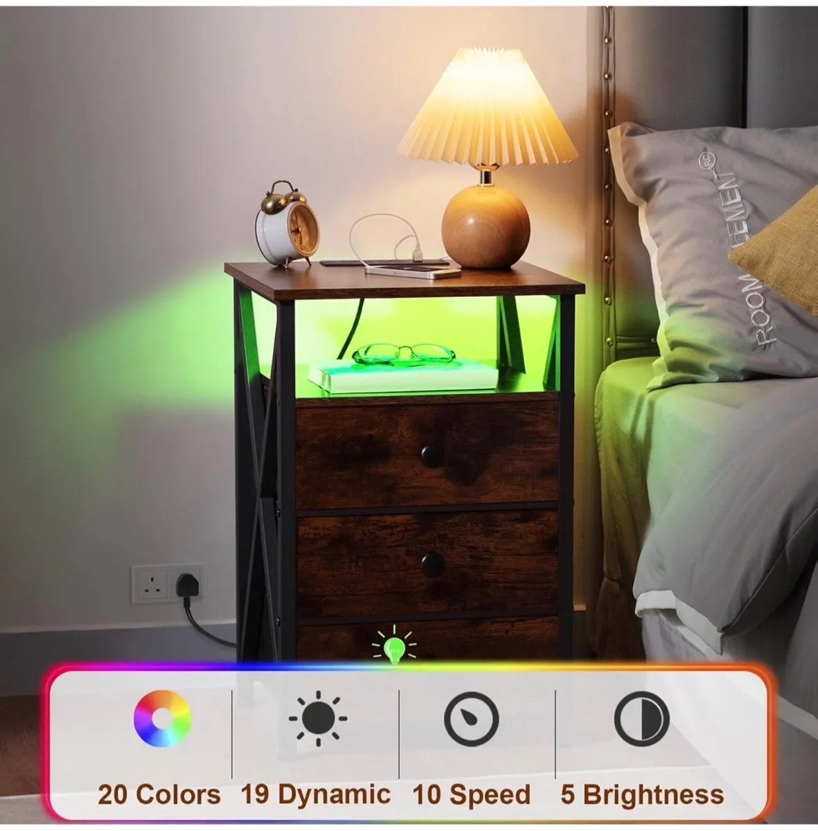 Bedside Table Set of 2 with Charging Station, Side - Image 2