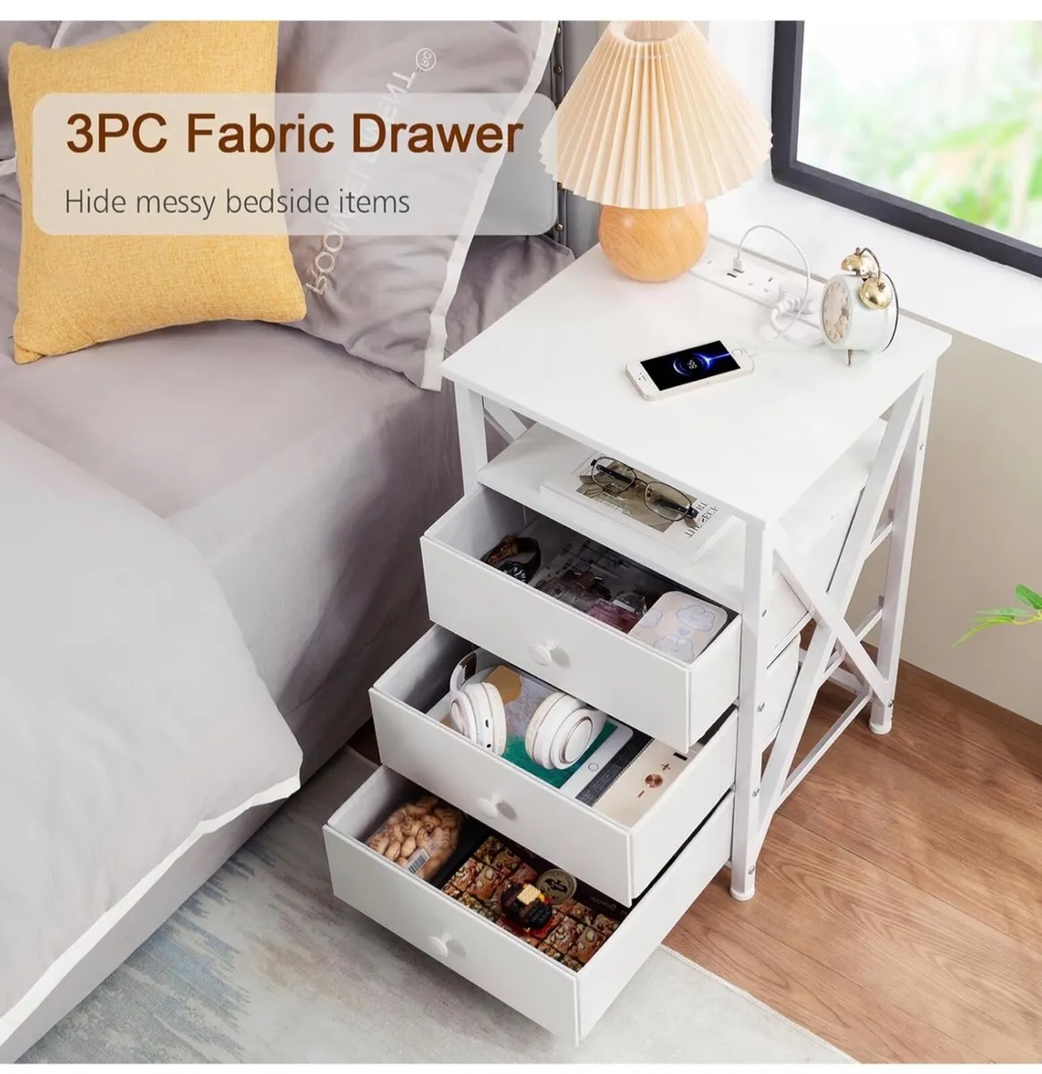 Bedside Table Set of 2 with Charging Station, Side - Image 3