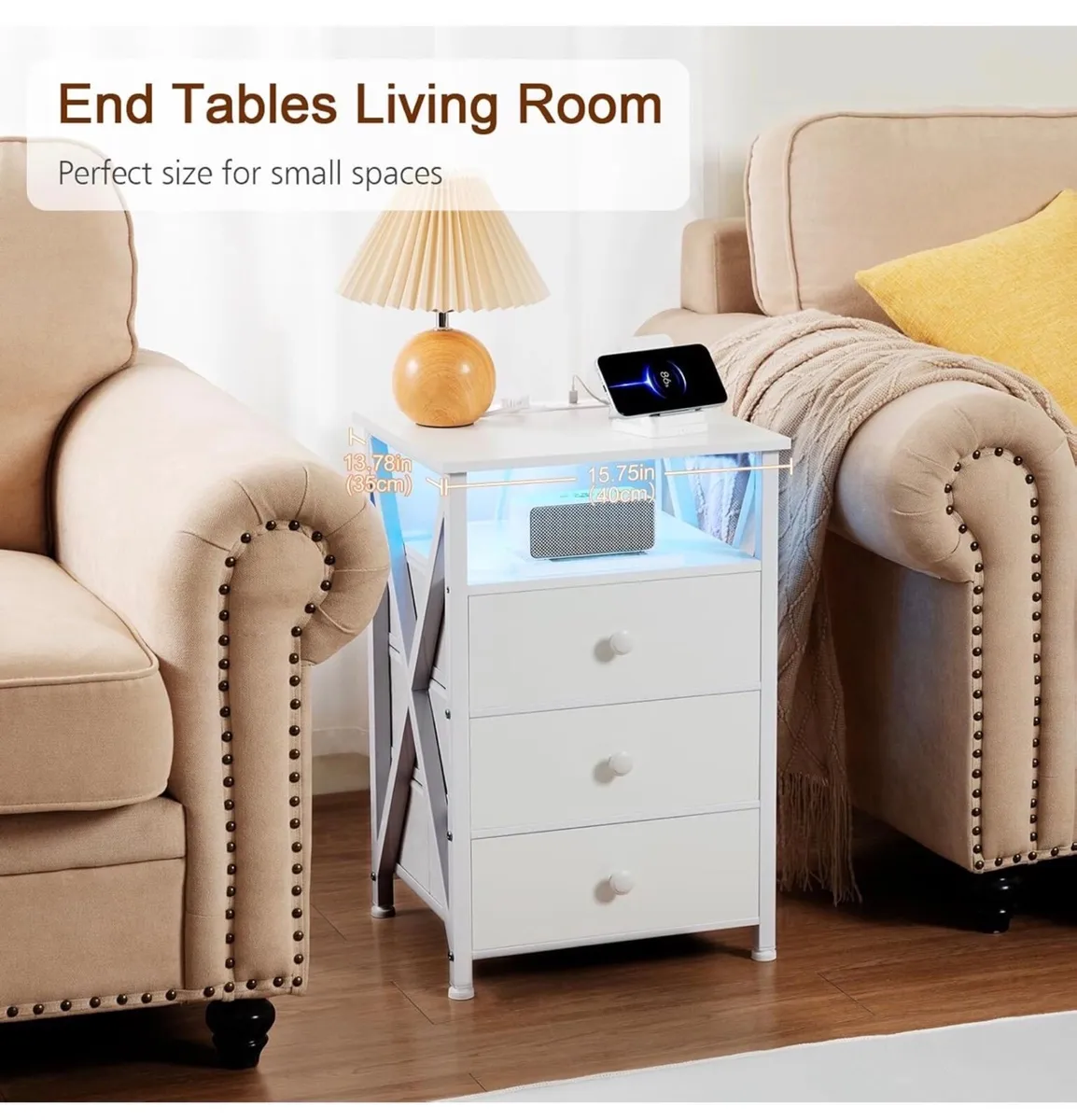 Bedside Table Set of 2 with Charging Station, Side - Image 4