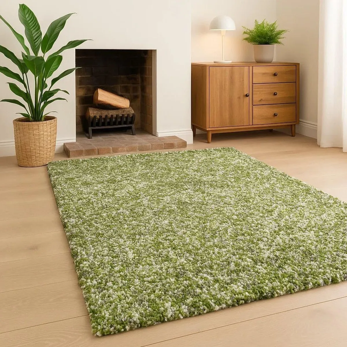 Green White Grey Spot Pattern Shaggy Rug Soft - Image 1