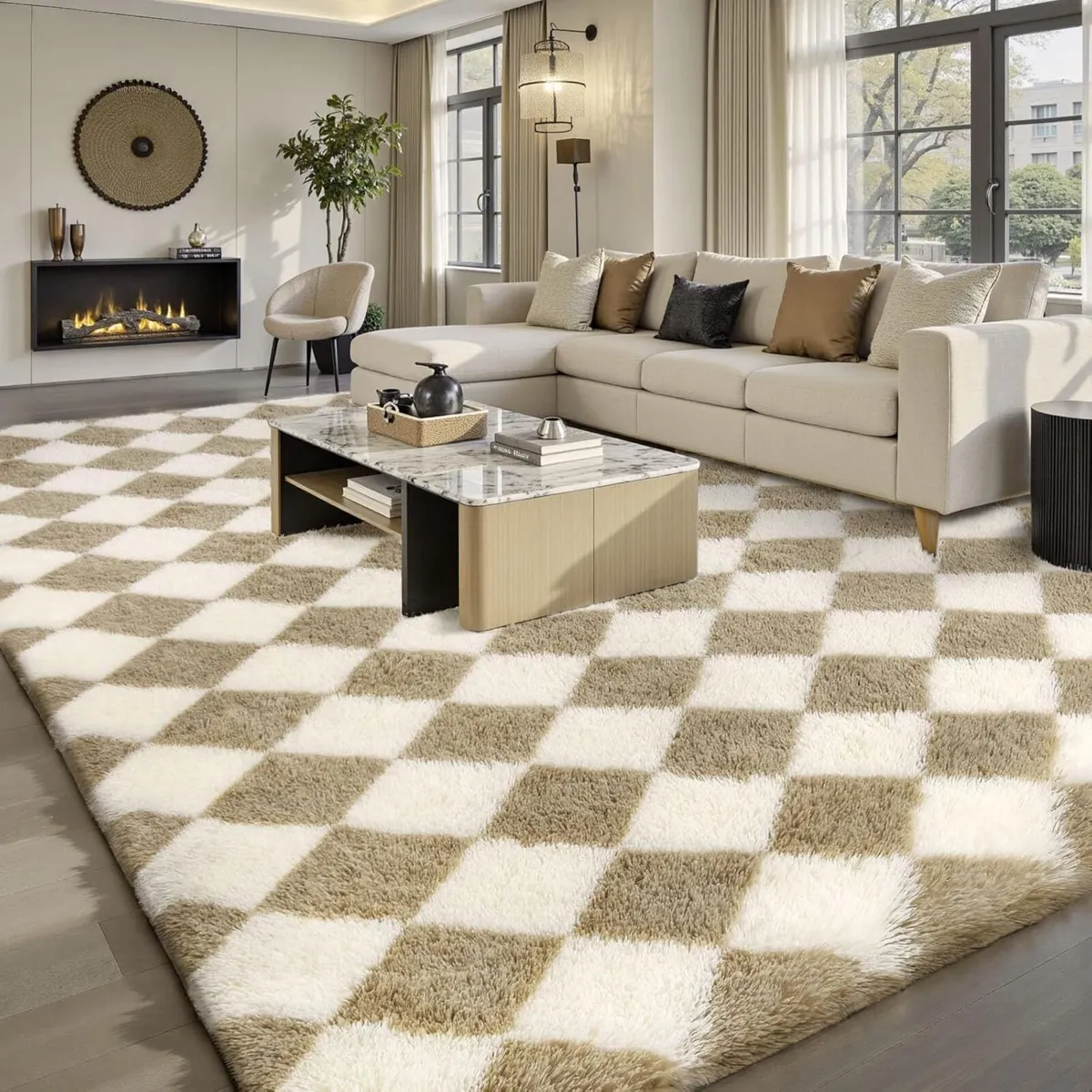 Checked High Pile Rug Living Room Rugs Non-Slip - Image 1