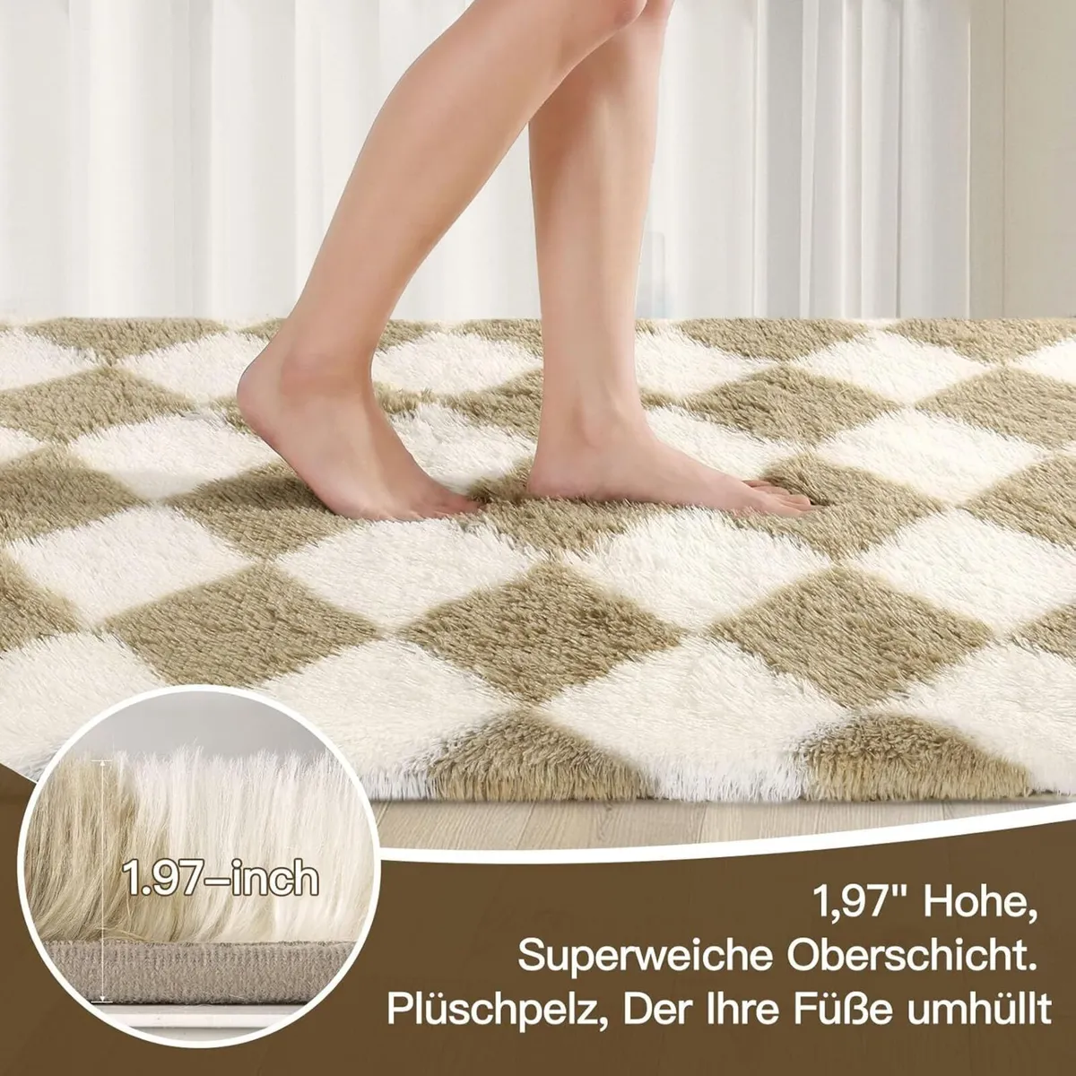 Checked High Pile Rug Living Room Rugs Non-Slip - Image 2