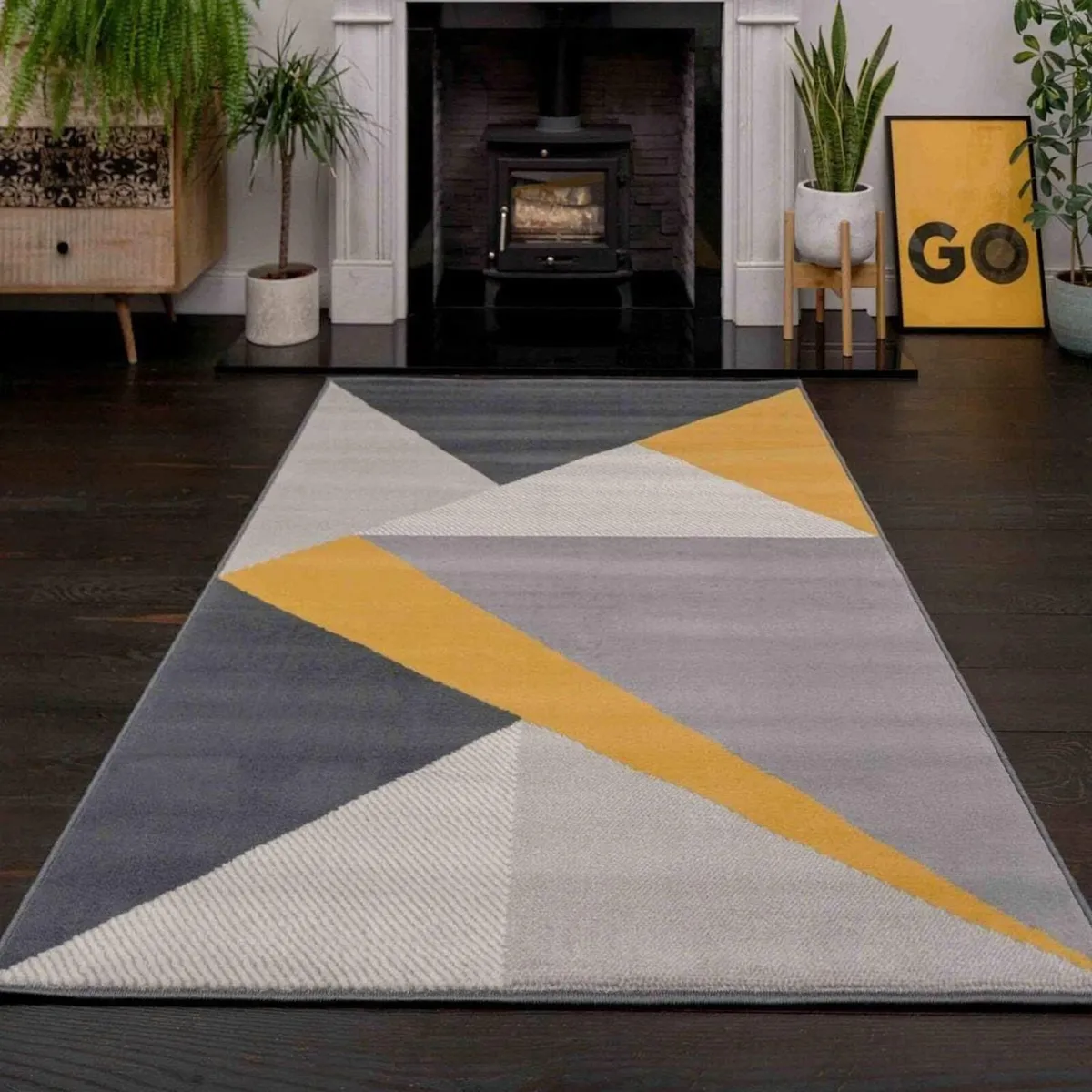 Ochre Mustard Grey Patchwork Geometric Carpet Rug - Image 1