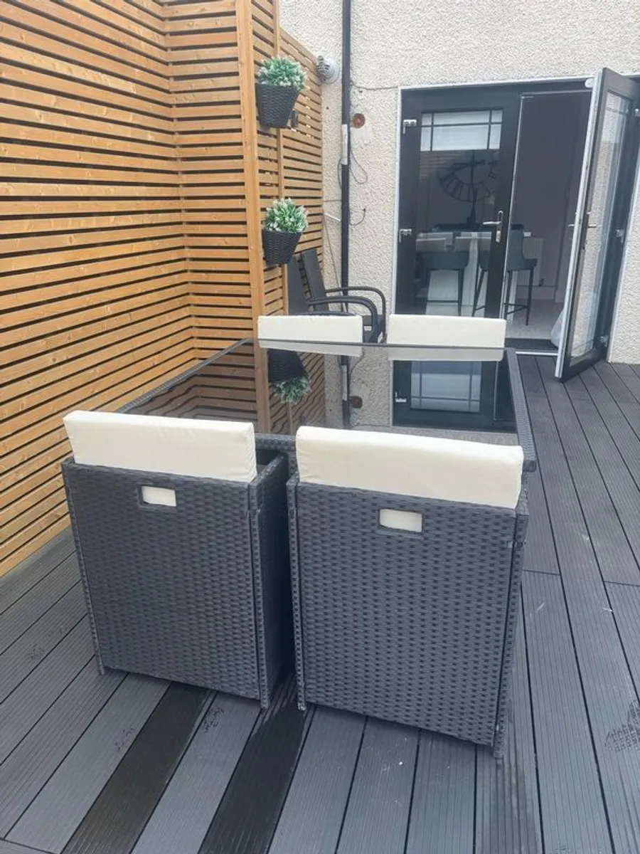 Black Rattan garden furniture set with cream cushions - Image 3