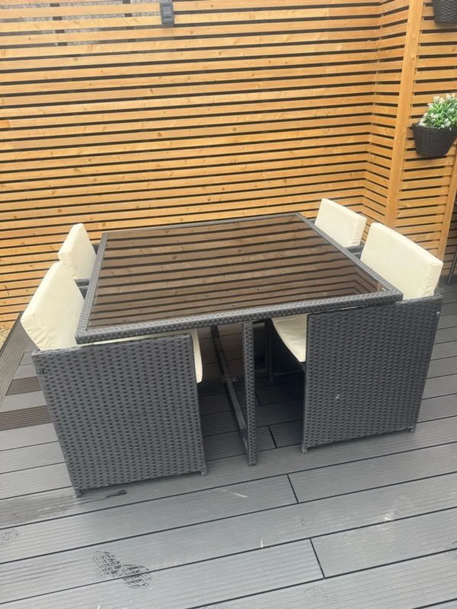 Black Rattan garden furniture set with cream cushions - Image 4